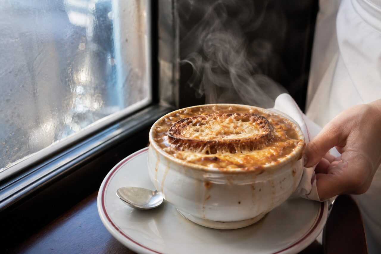 Gratinated onion soup served beside a brasserie window