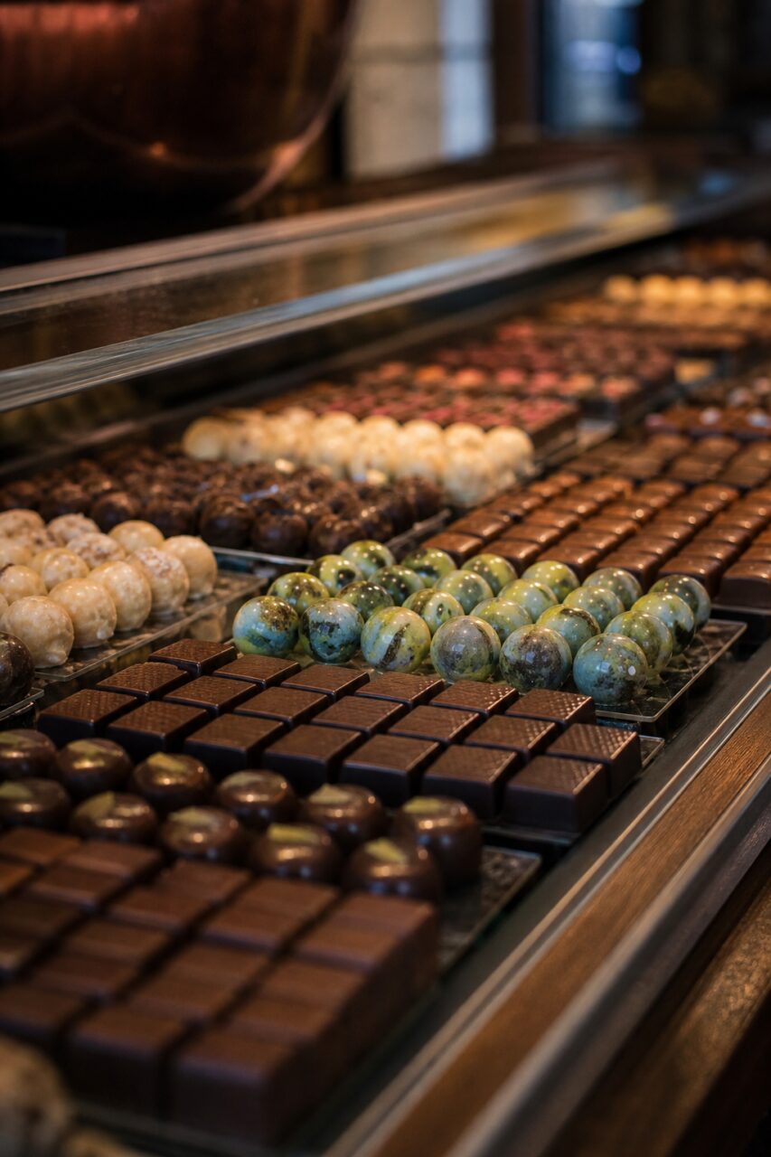 Sphères vertes marbrées parmi des rangées de chocolats dans une vitrine