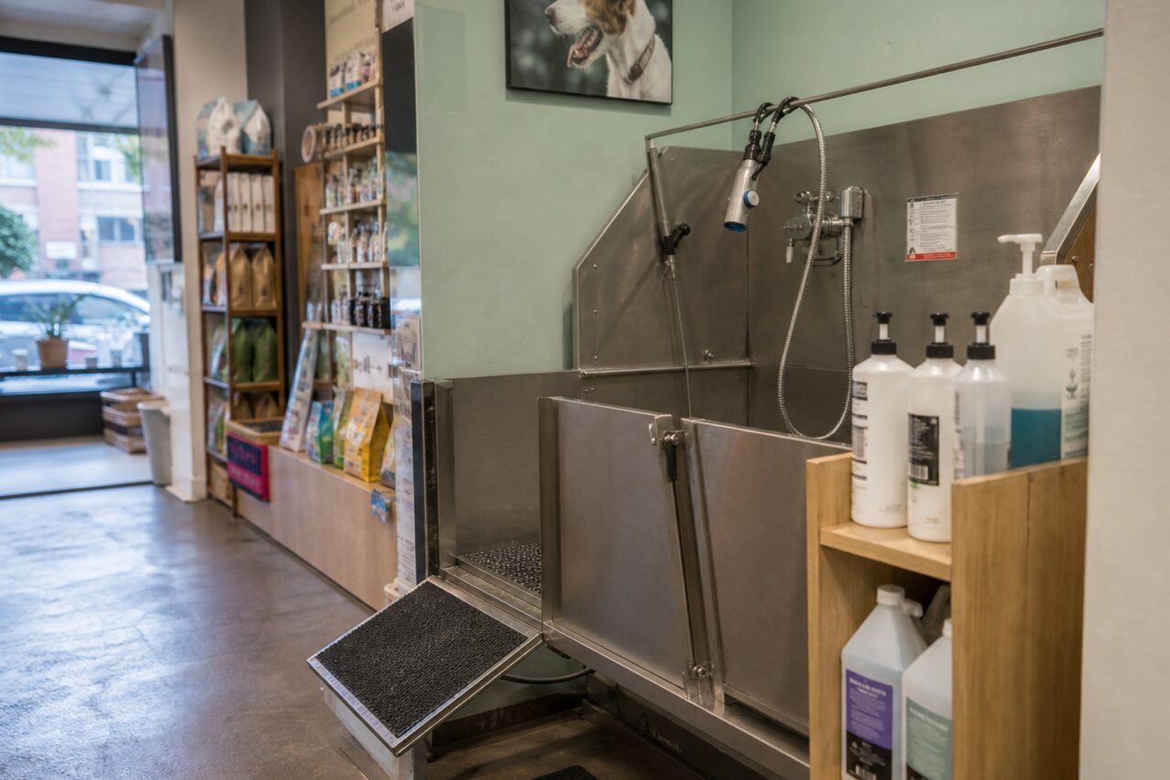 Estação de lavagem para cães e produtos de cuidado numa loja de animais