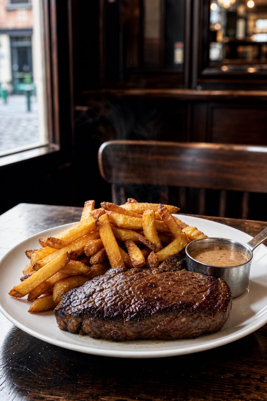 Steaming steak-frites on a white plate with sauce and a window behind