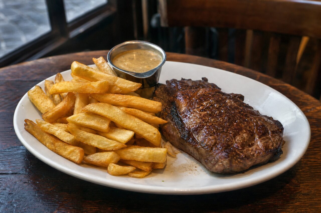 Steak con patatas en primer plano y salsa de pimienta sobre una mesa junto a la ventana