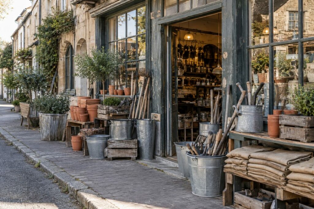 Quincaillerie-jardinerie de quartier devant une façade en pierre au matin