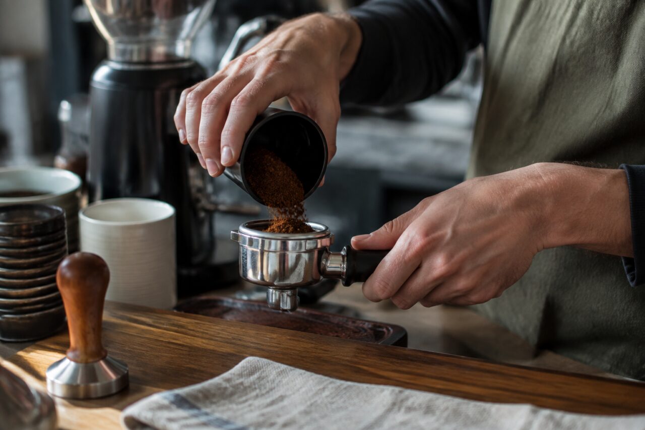 Preparazione dell’espresso al bancone di un caffè indipendente di quartiere