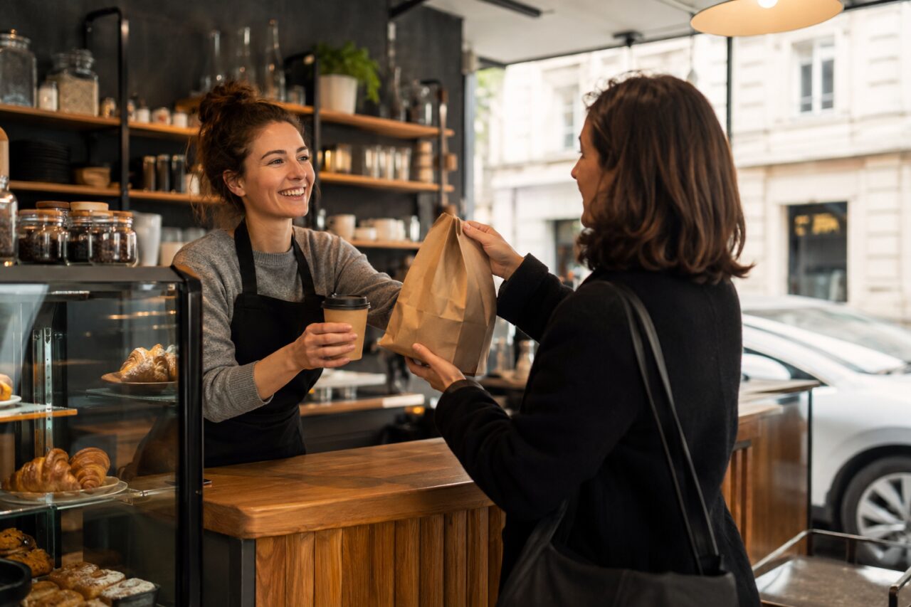 Kundenaustausch an der Theke eines unabhängigen Viertelcafés mit Kaffee und Tüte