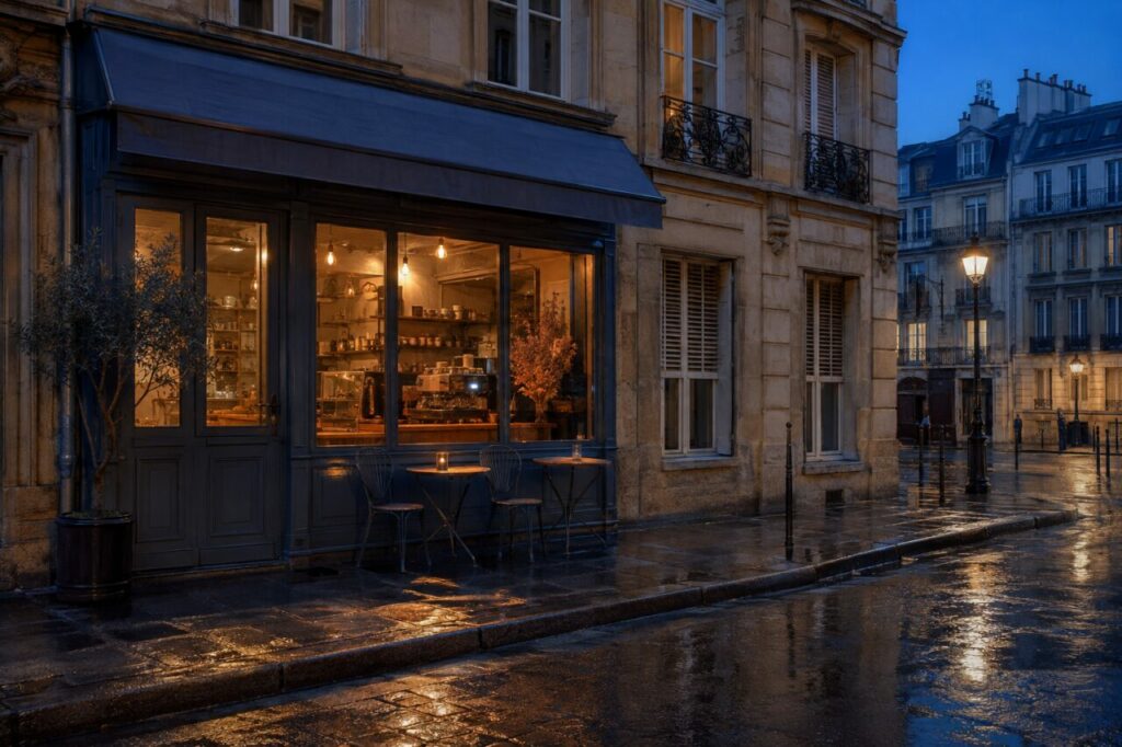 Unabhängiges Viertelcafé zur blauen Stunde mit Tassen und nasser Straße