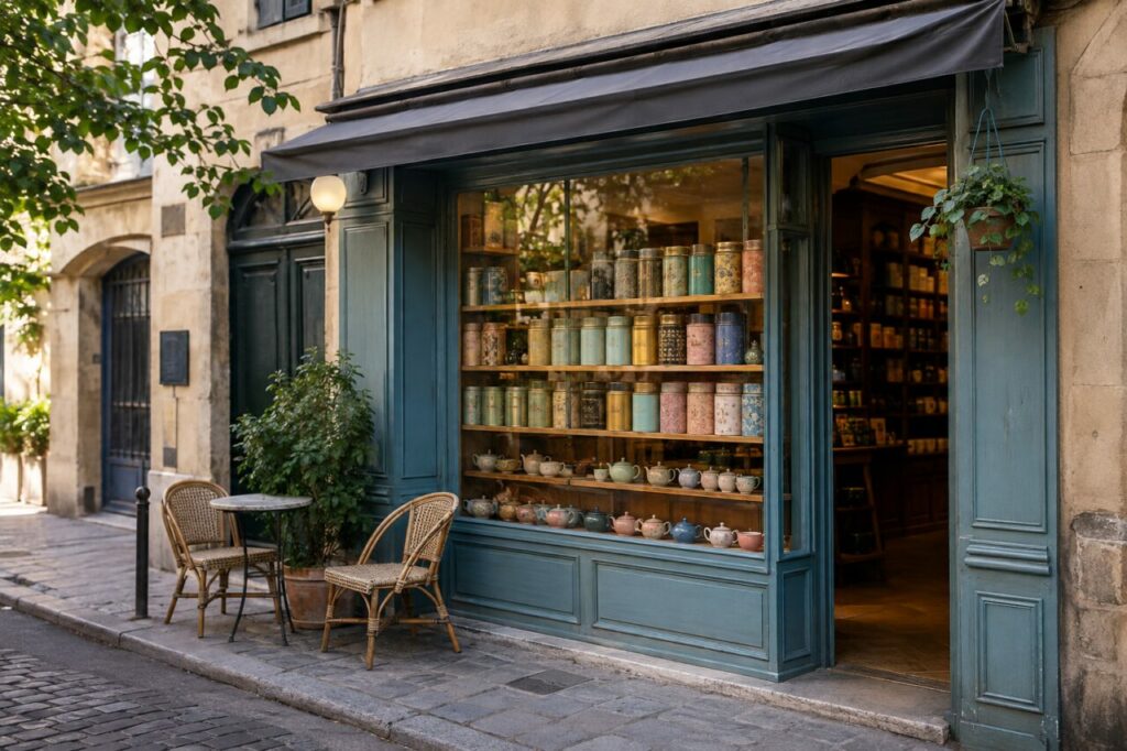 Façade verte — Boîtes, théières et feuilles de thé, deux tables en bois sur le trottoir