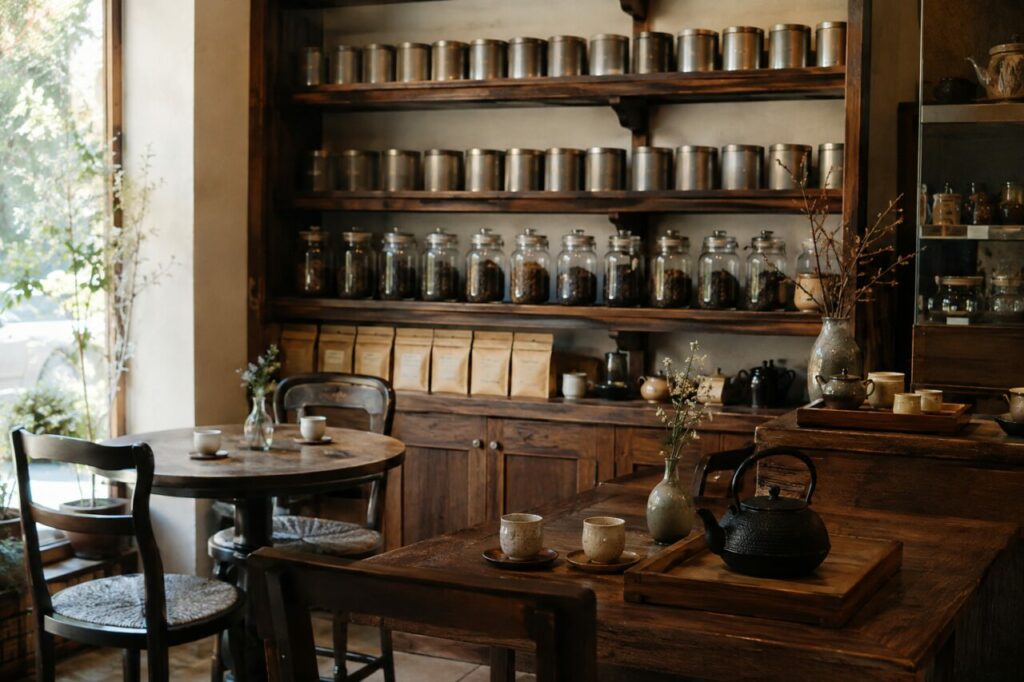 Étagères de thé — Boîtes et théières autour de tables en bois, près de la fenêtre