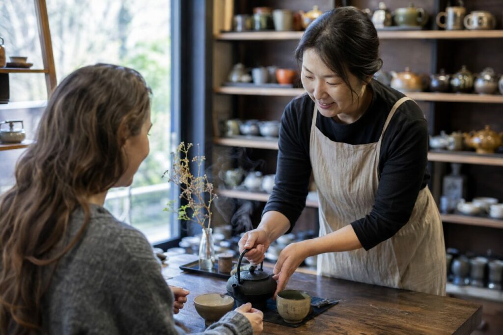 Vendeuse au comptoir — Théière, tasses et boîtes de thé dans le salon de thé