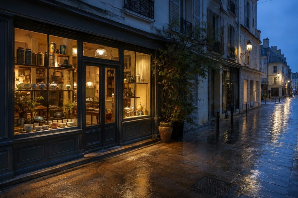 Lumière bleue sur le salon de thé — Boîtes et théières éclairées derrière la vitrine, rue mouillée