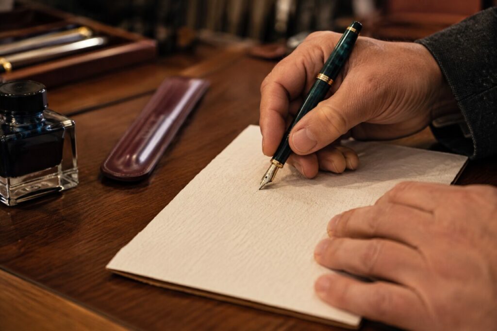 Stylo-plume traçant une ligne d’encre sur un carnet