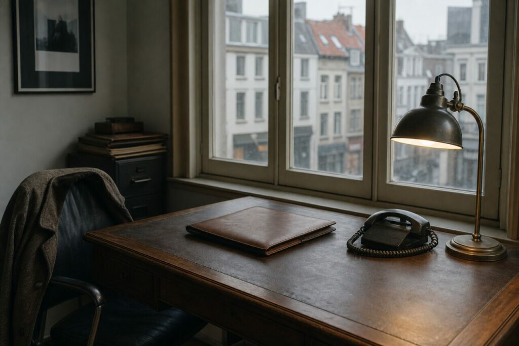 Table en bois, téléphone noir et lampe devant les fenêtres
