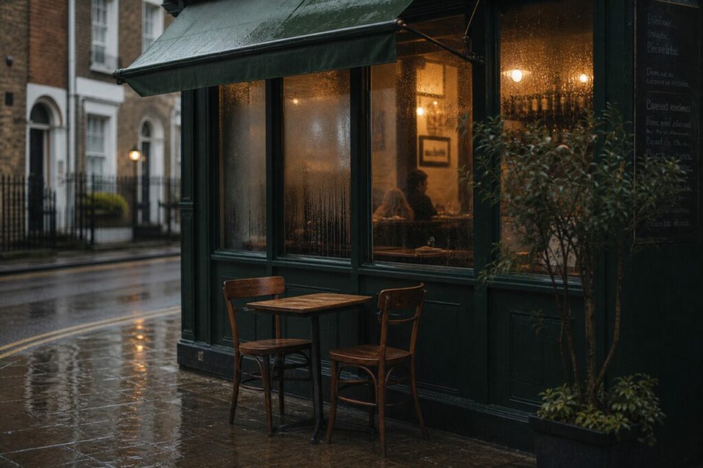 Table et chaises devant les vitres perlées d’un café vert