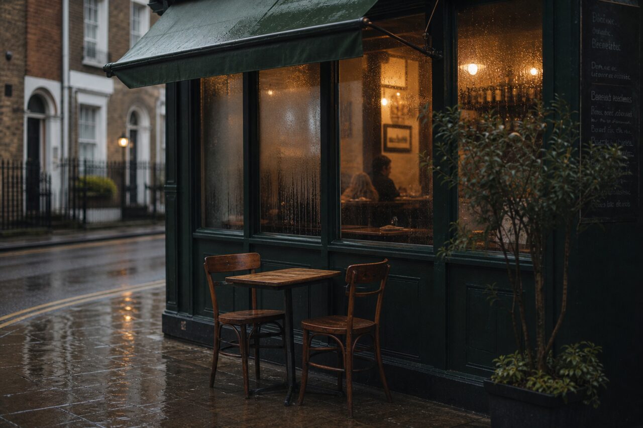 Table et chaises devant les vitres perlées d’un café vert