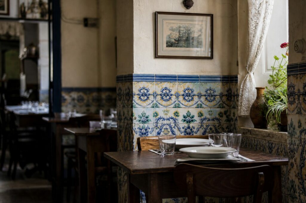 Table for two against a patterned wall