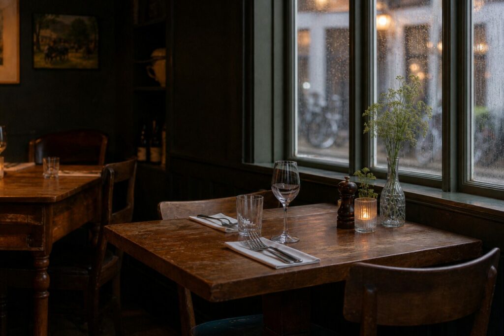 Table dressée en gros plan devant trois fenêtres