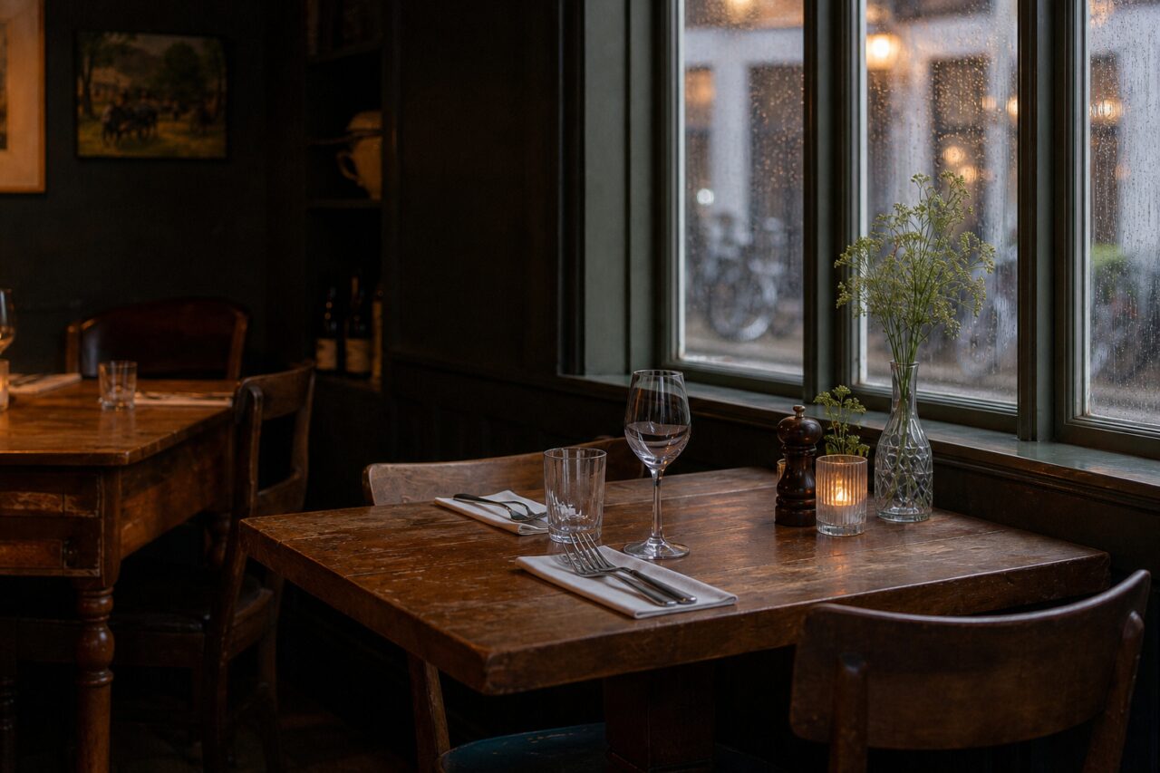 Table dressée en gros plan devant trois fenêtres