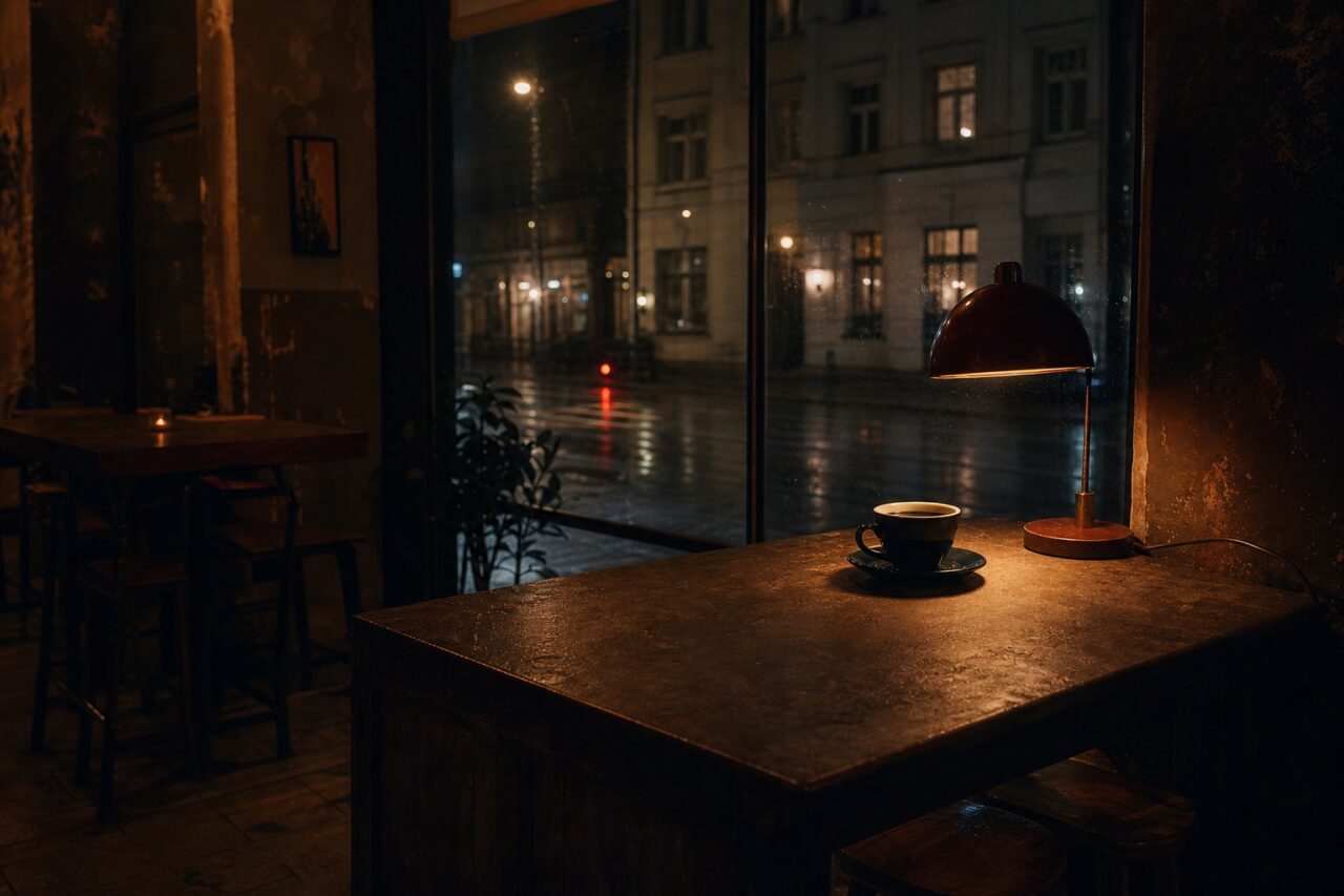 Beleuchteter Tisch vor einer nächtlichen Regenstraße