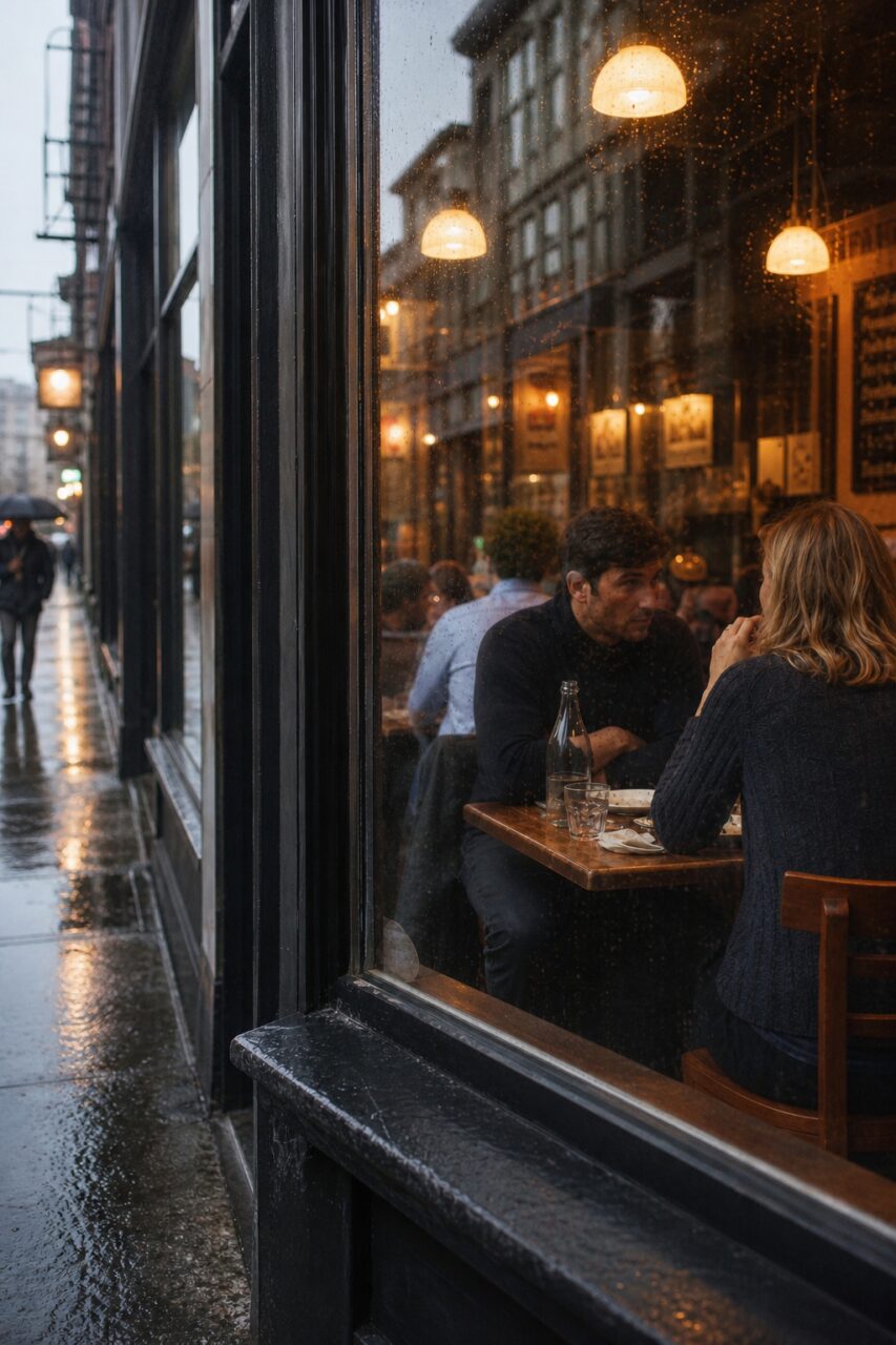 Table près de la vitre et reflets sur le trottoir