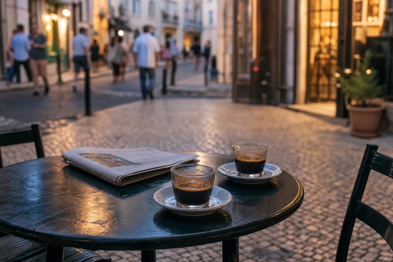 Table ronde de terrasse avec deux cafés et journal dans une rue pavée
