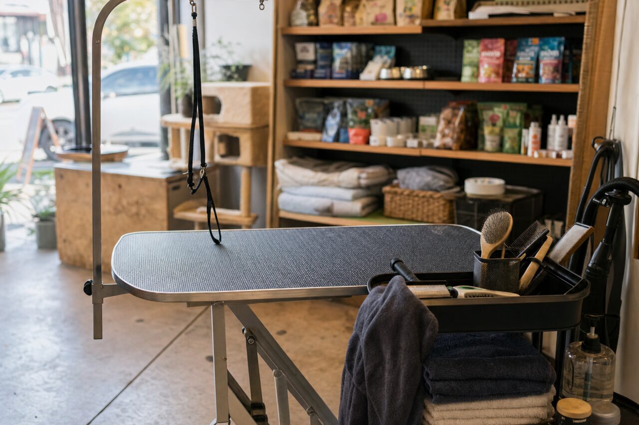 Hondentrimtafel en accessoires in een lichte dierenwinkel