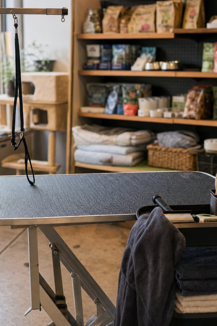 Verticale opname van een hondentrimtafel in een dierenwinkel