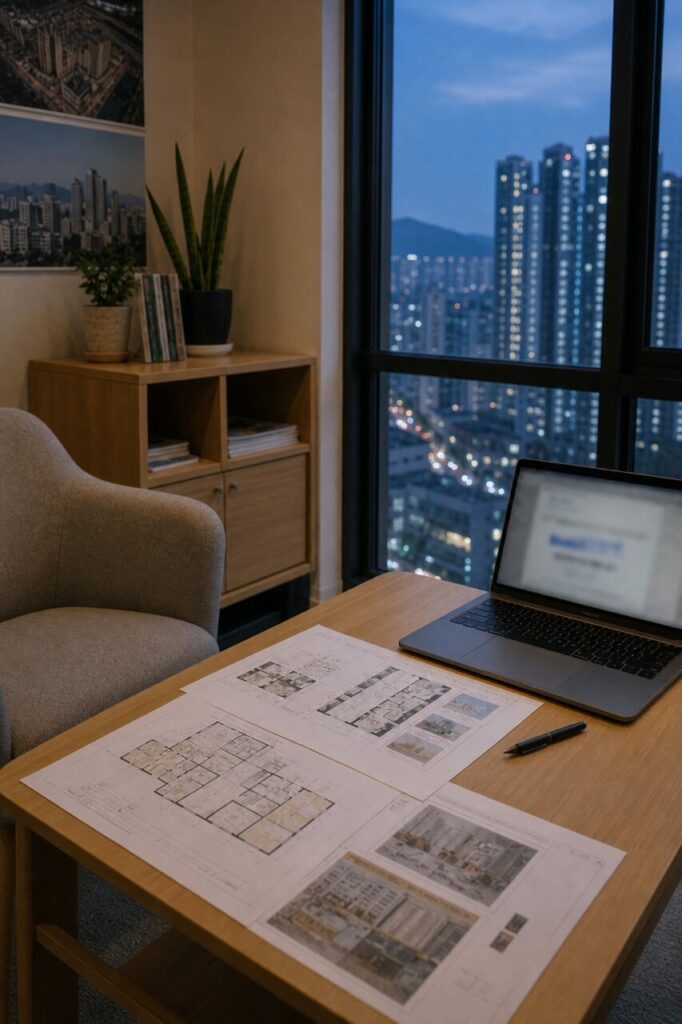 Immobilientisch in Seoul vor den Lichtern der Stadt