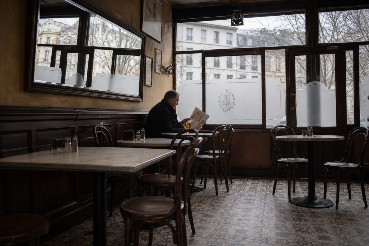 Tables alignées devant un miroir et de hauts vitrages