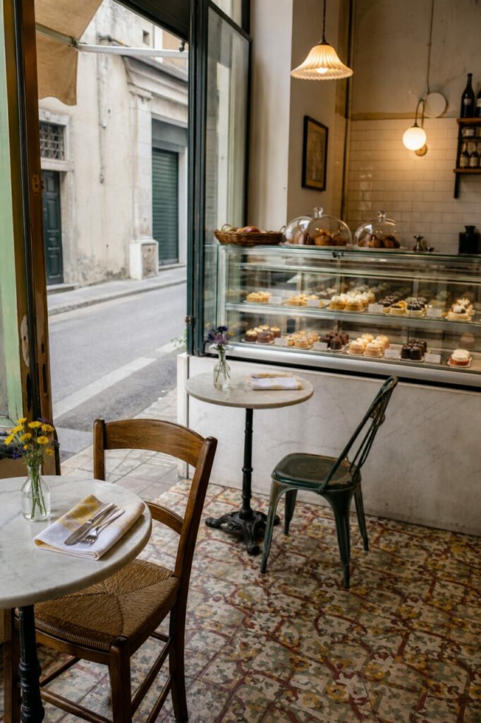 Tables en marbre et vitrine de petits gâteaux près d’une porte ouverte