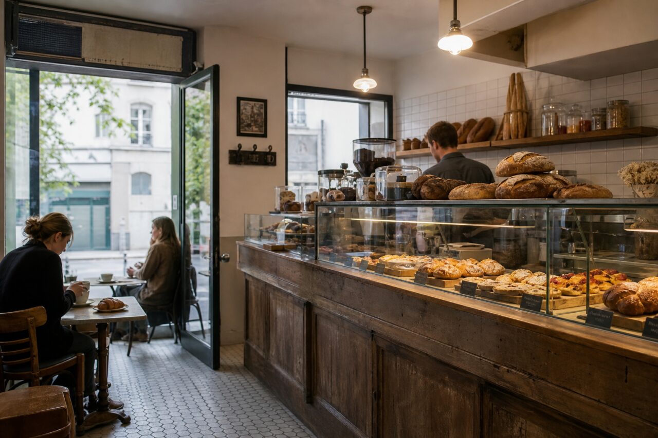Tavoli accanto a una porta aperta davanti a un lungo banco di pane e dolci