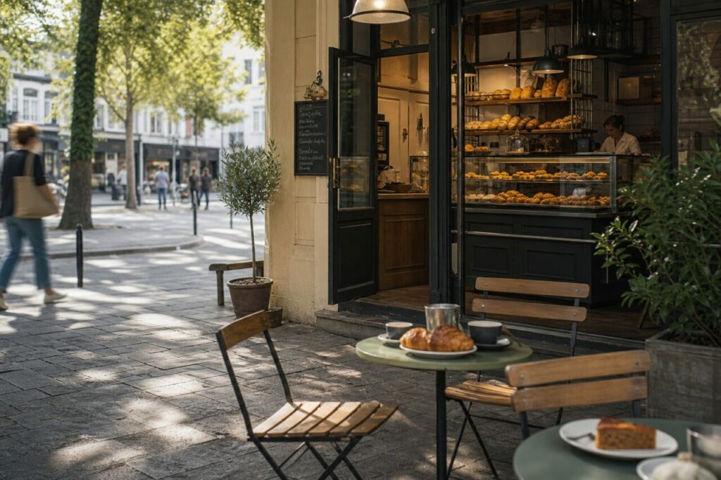 Tables vertes avec tasses et croissants devant une boutique ouverte