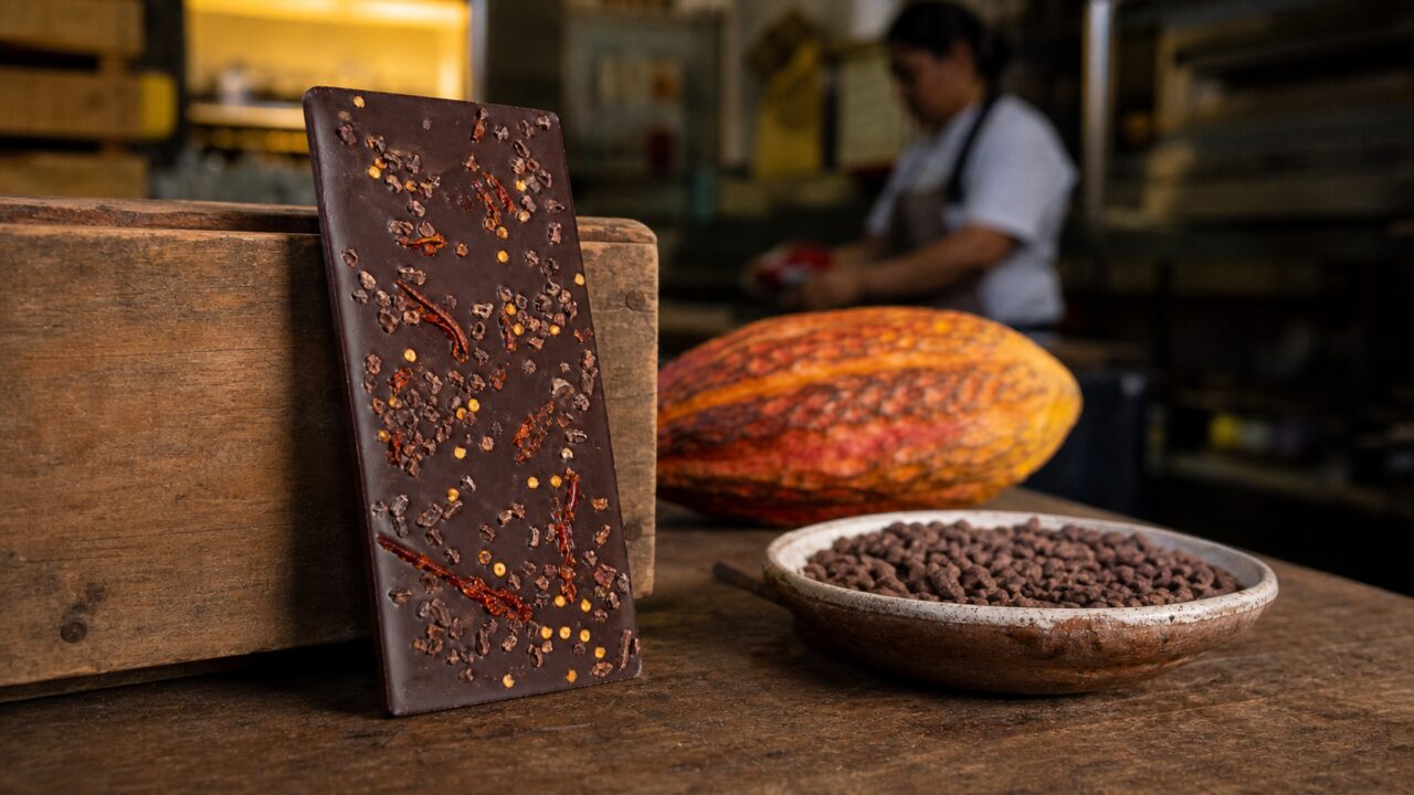Tavoletta fondente accanto a una cabossa di cacao
