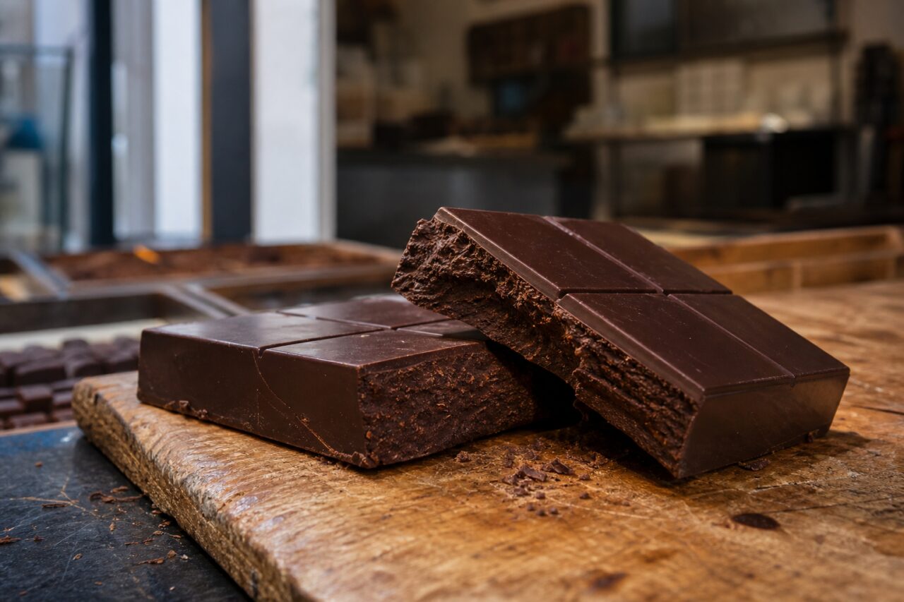 Tabletes espessas de chocolate negro partidas numa tábua de madeira