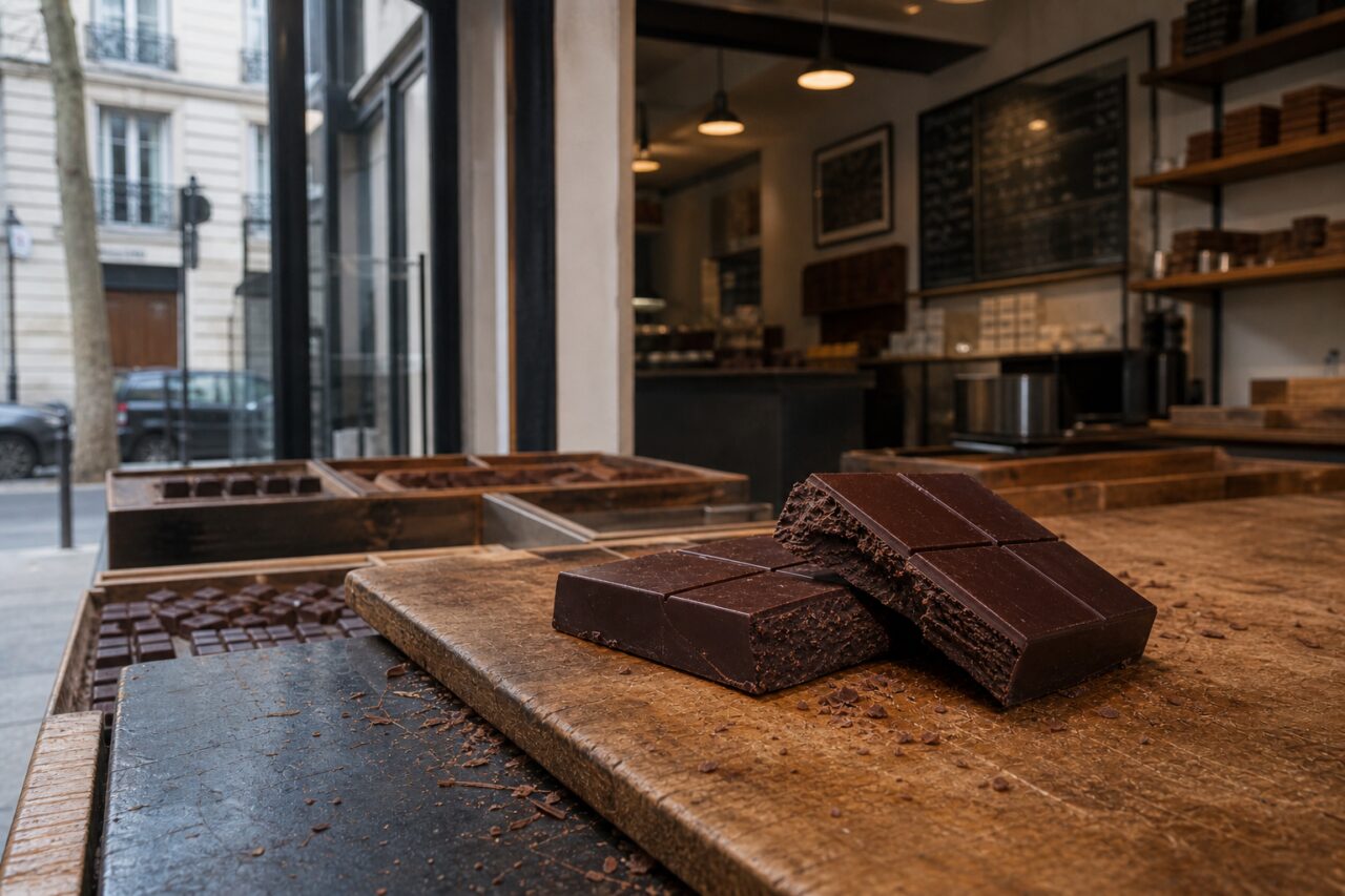 Tablettes de chocolat noir sur un comptoir de boutique
