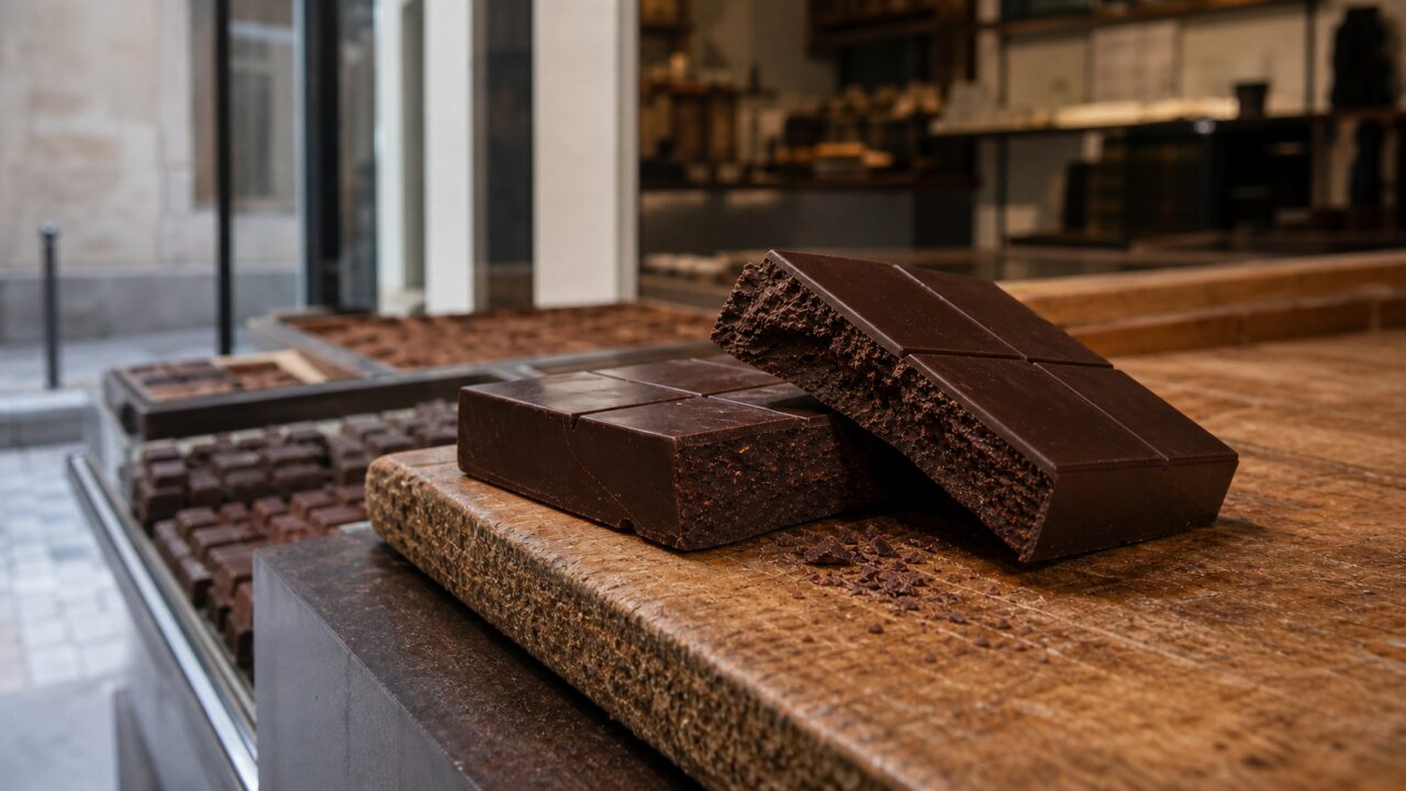 Repen pure chocolade op een houten werkplank