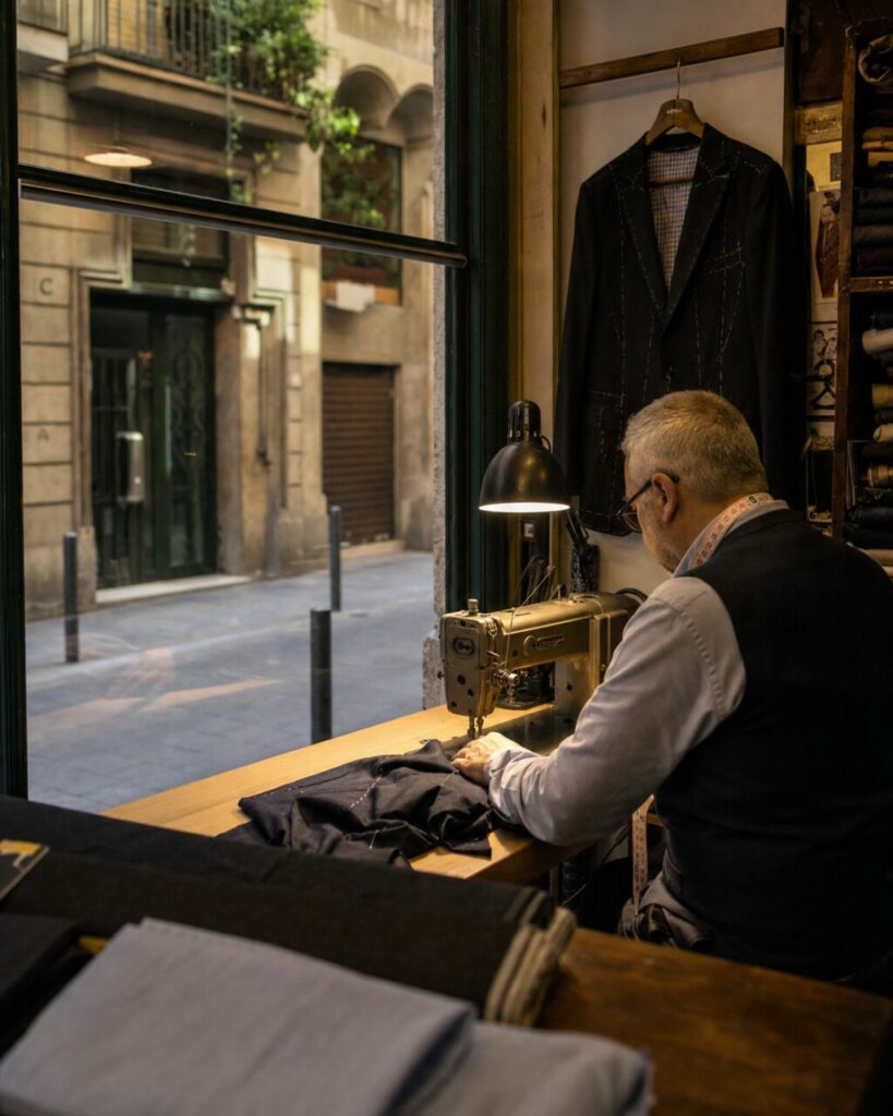 Tailleur à la machine devant la vitrine d’un atelier de confection à Barcelone