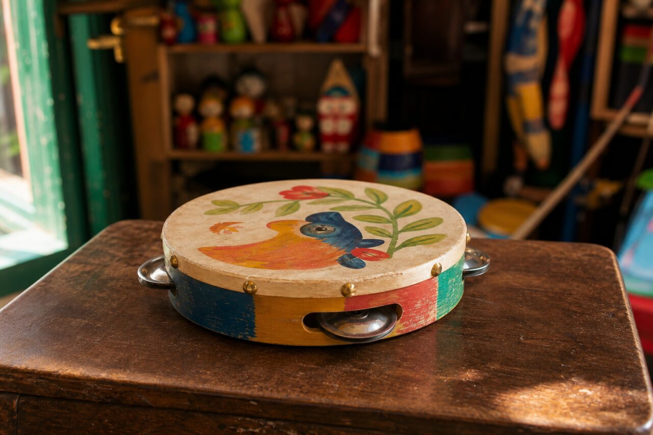 Tambourin peint vu à hauteur de table