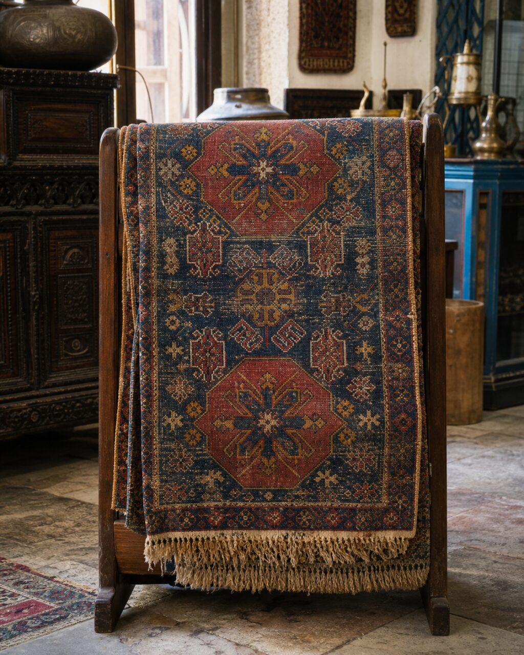 Vertical rug with two large red medallions on a navy field