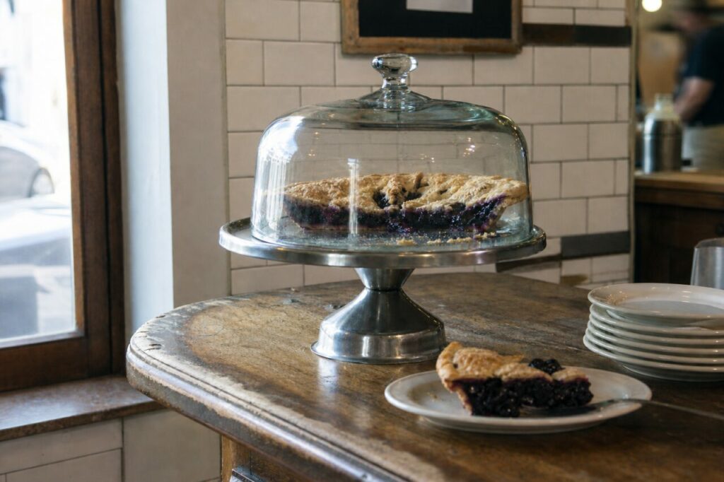 Tarte sous cloche avec tranche sombre et assiettes empilées