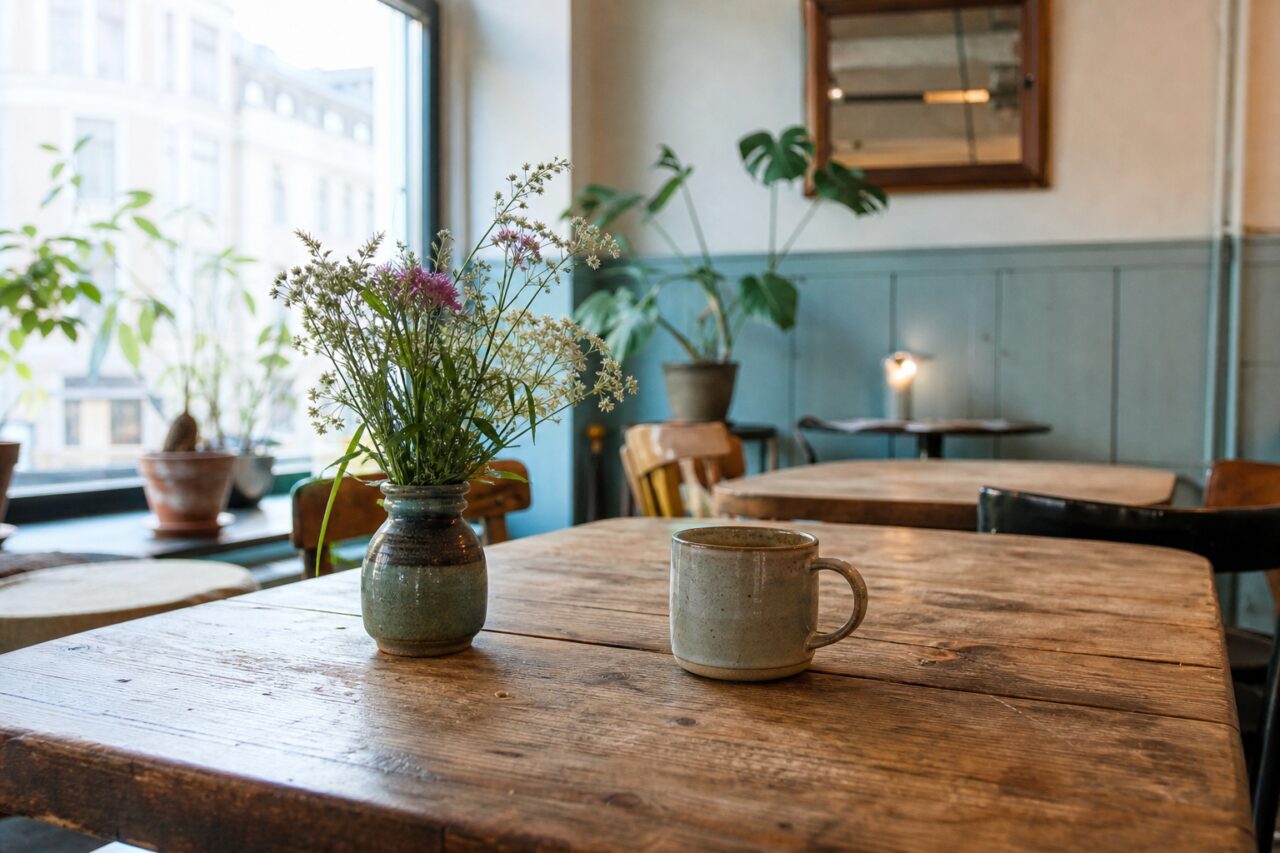Tasse und Blumenstrauß auf einem großen Holztisch