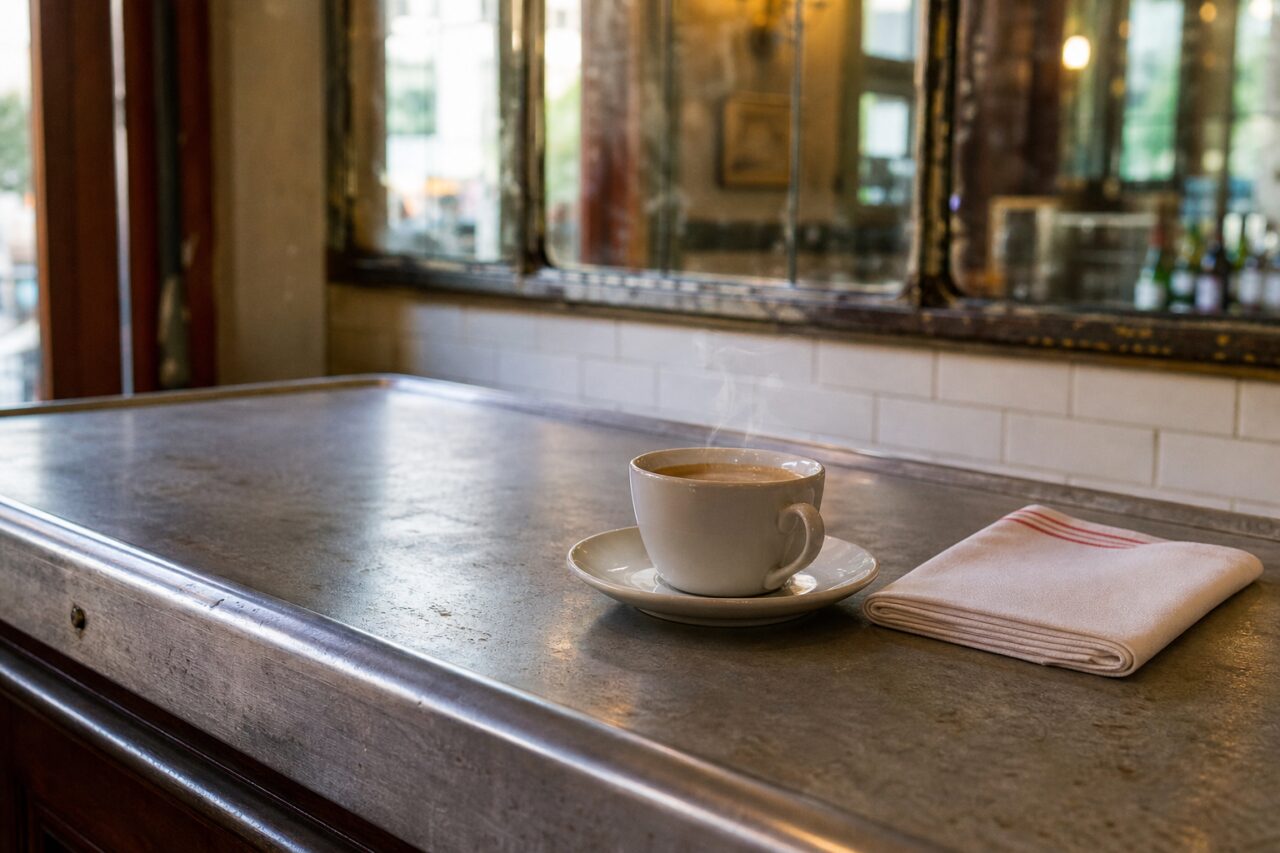 Tazza di caffè fumante e tovagliolo a righe sul bancone in zinco