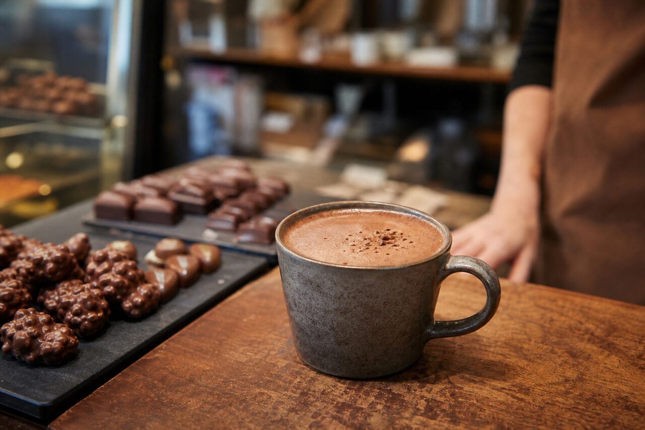 Artisanal hot chocolate cup on a counter