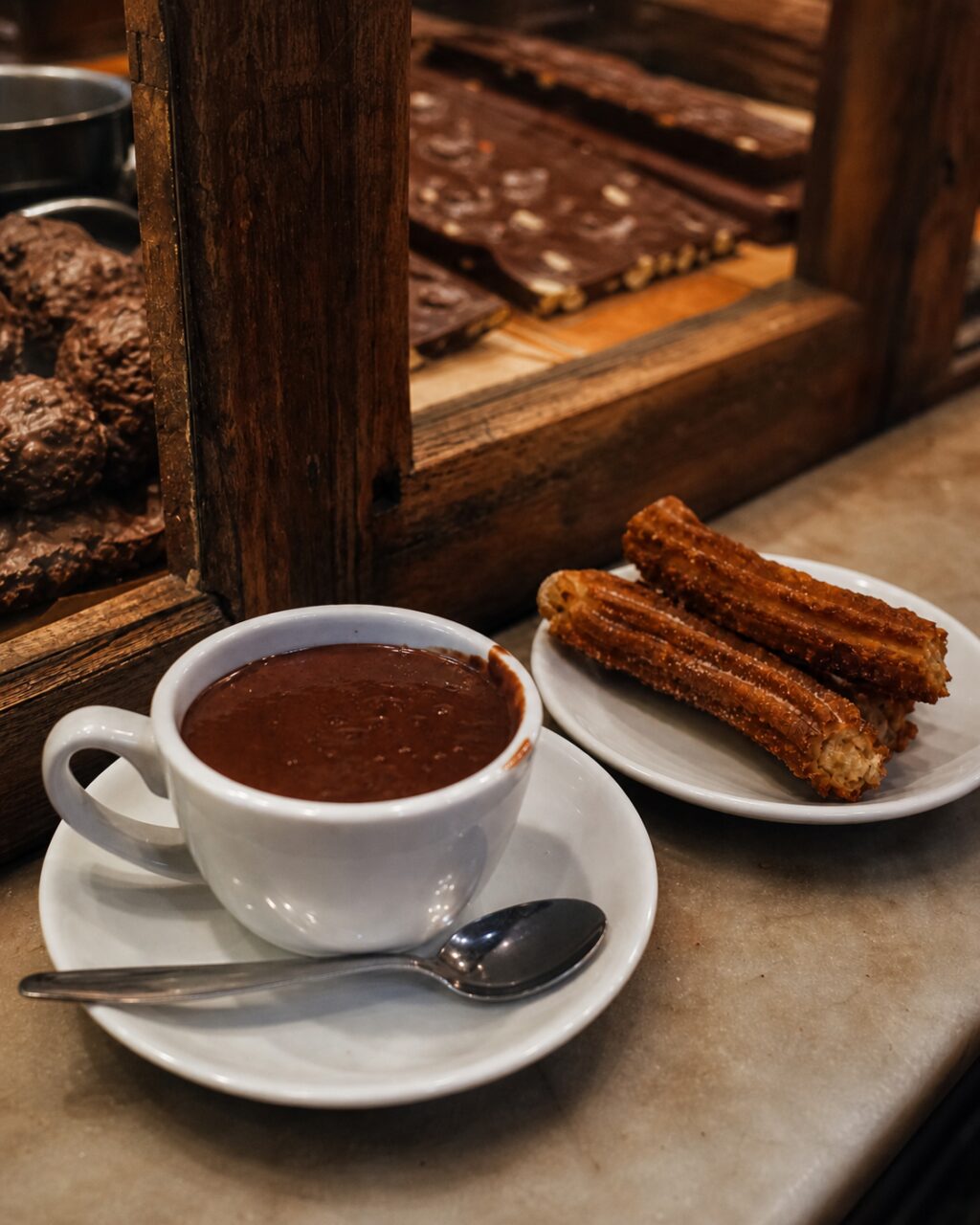 Tasse heiße Schokolade und Churros im Hochformat