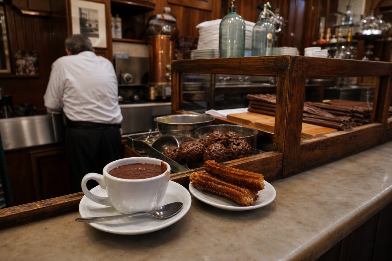 Cioccolata calda e churros sul bancone della cioccolateria