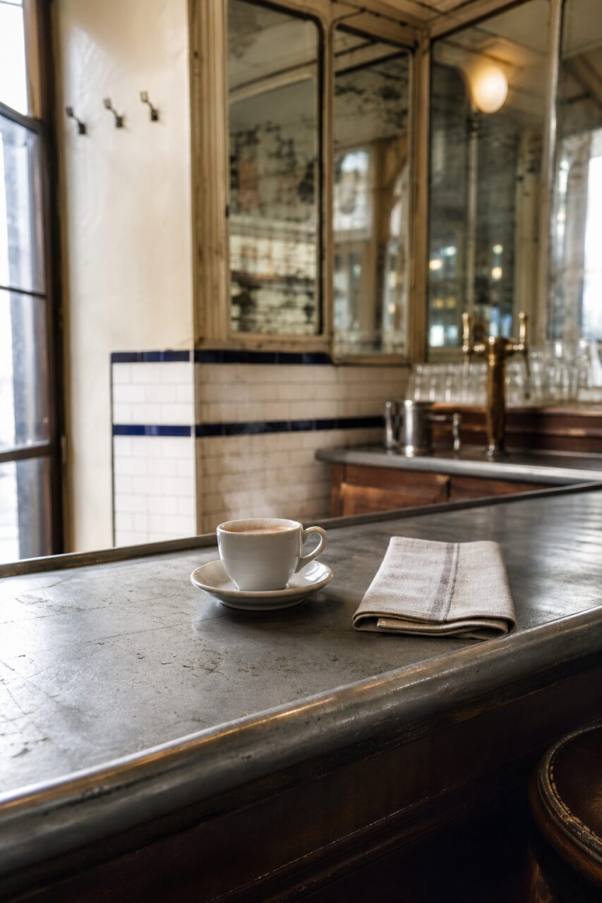 Tazza e tovagliolo davanti allo specchio del bancone in zinco