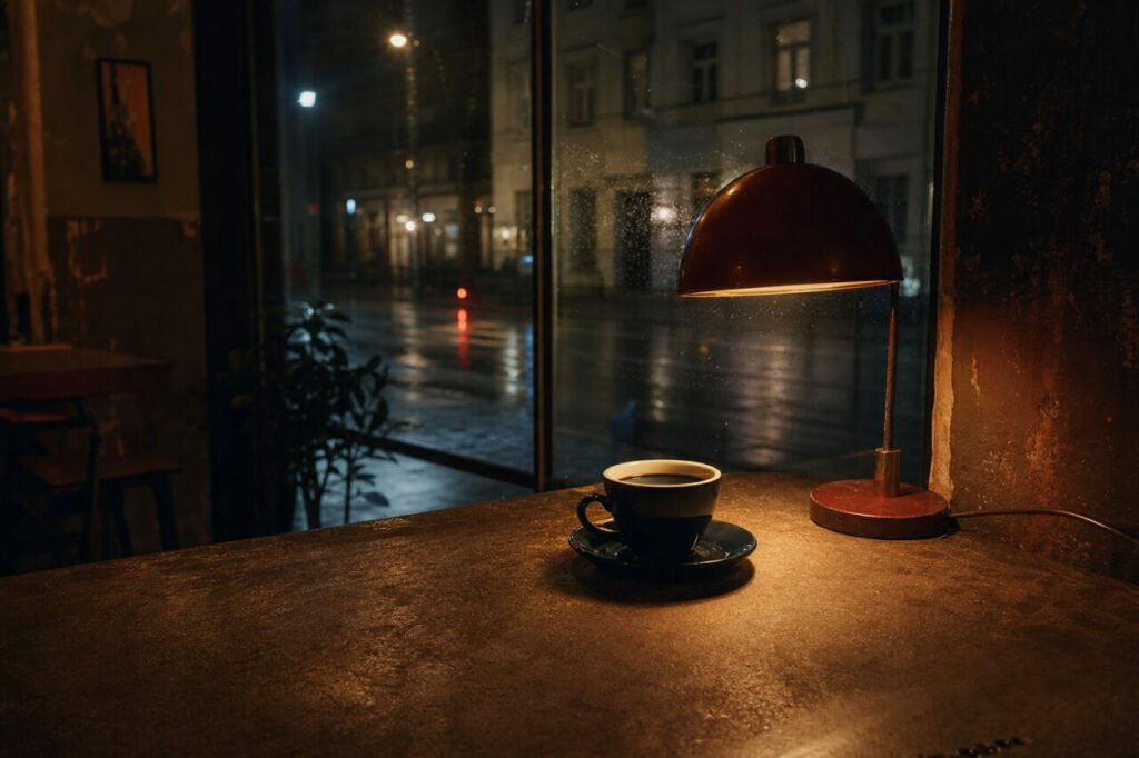 Tazza scura sotto una lampada accanto al vetro bagnato