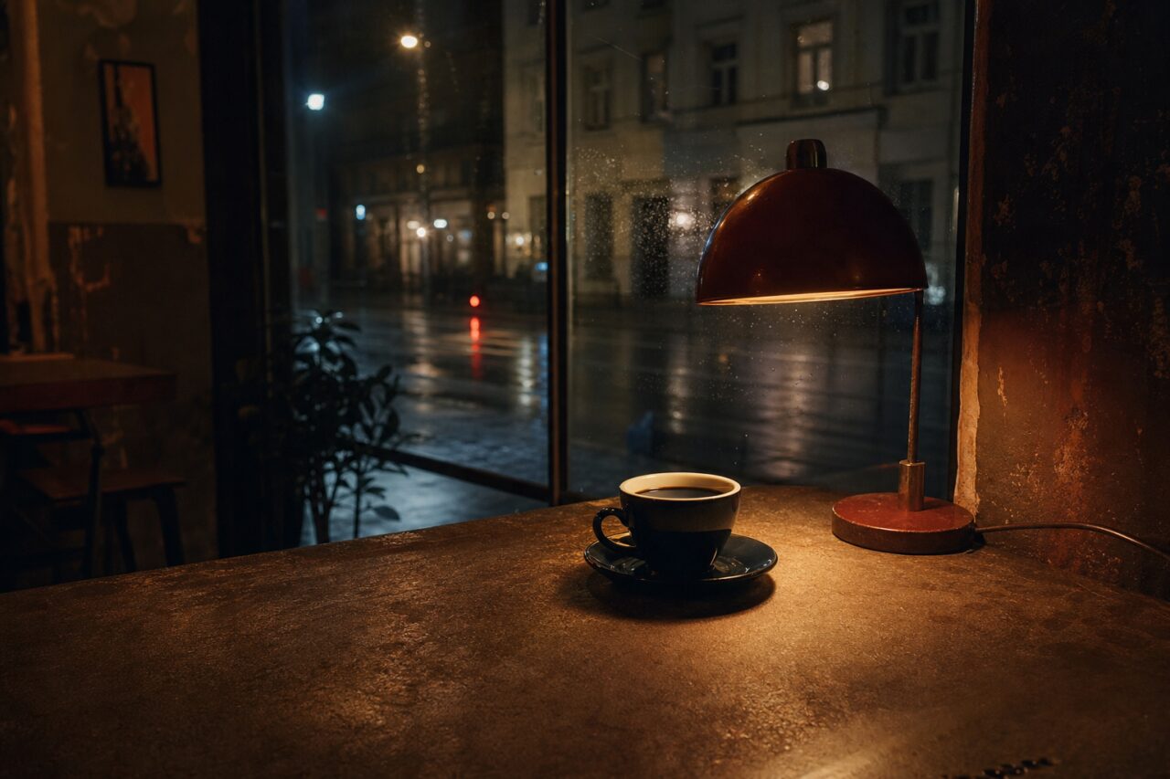 Dark cup under a lamp beside a rain-speckled window