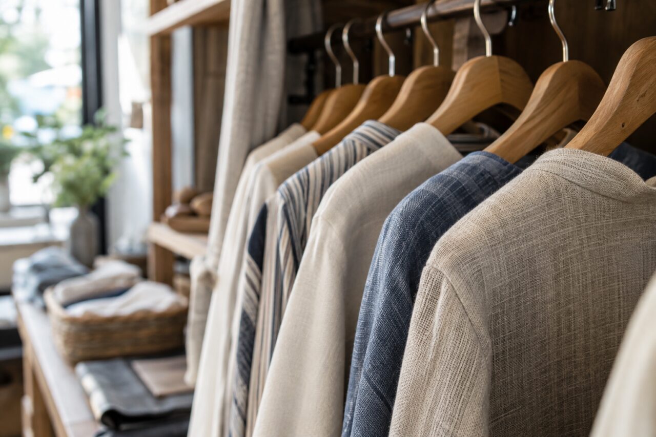 Teinturerie indépendante — a close view of fabric texture and hangers