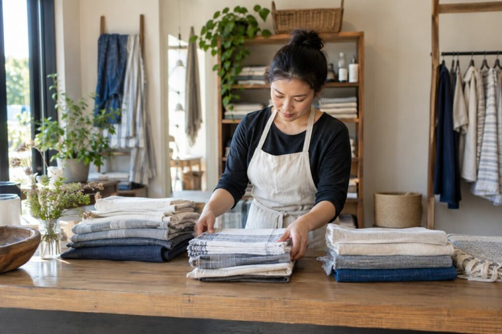Teinturerie indépendante — sorting folded textiles at a counter
