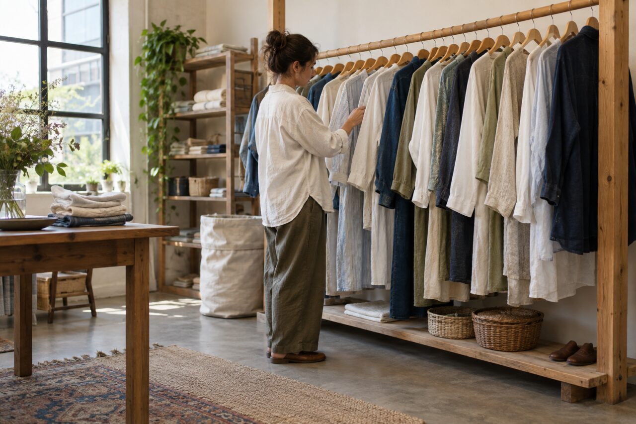Teinturerie indépendante — with garments on a wooden rail