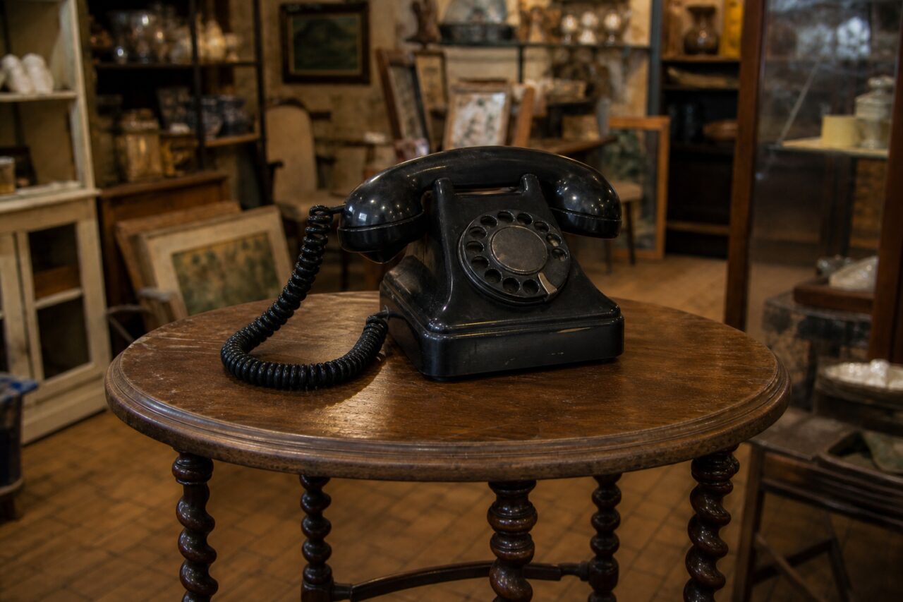 Téléphone noir en bakélite posé au centre d’une table ronde dans une boutique ancienne